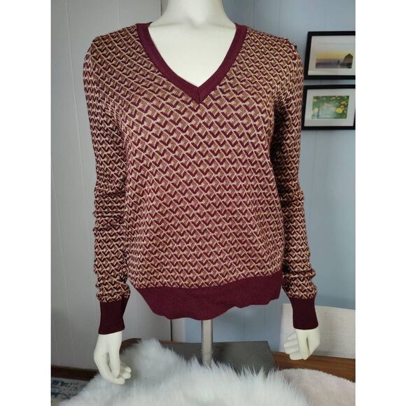 Zara Women's Gold metallic Patterned V-Neck Long Sleeve Sweater, Size Large - Picture 1 of 5